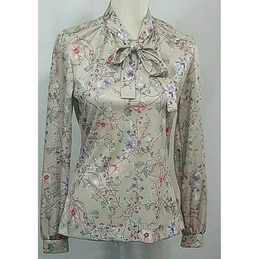 Vintage 70s Secretary Blouse 10 Tan Floral Bow Ruffles Long Sleeve